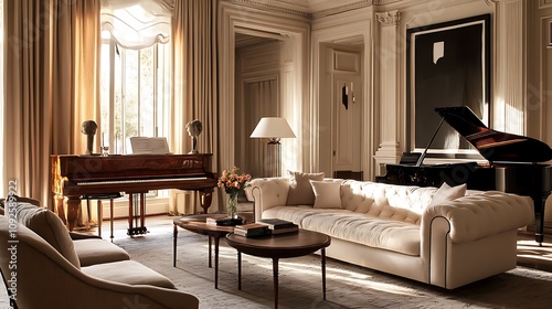 Wallpaper Mural Sunlit Living Room with Grand Piano, Elegant Sofa, and Classical Sculptures Torontodigital.ca