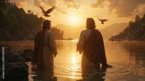 Close-up of Jesus and John the Baptist in the river, soft golden light reflecting on the water, doves in the sky symbolizing the Holy Spirit, peaceful and sacred atmosphere, subtle light rays illumina photo