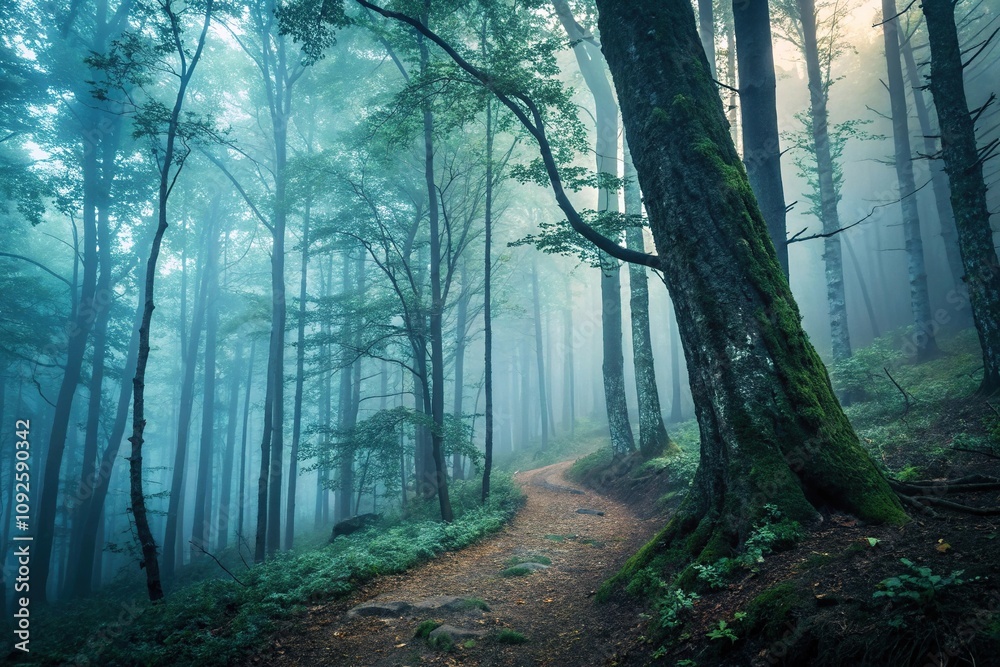 Fototapeta premium Moody greens and blues blending into a mysterious forest scene on a rough bark surface background, mossy atmosphere, earthy tones, natural hues, abstract nature
