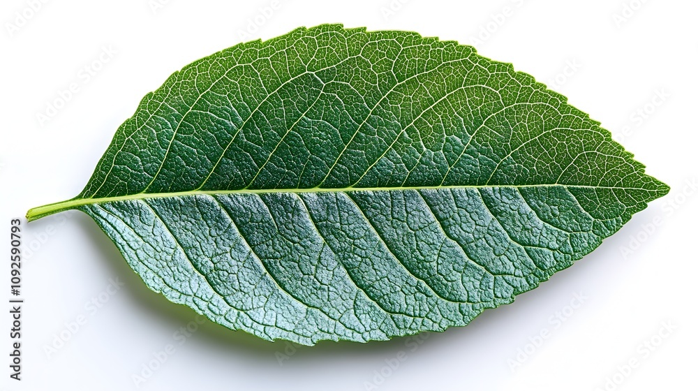 Obraz premium Close-up Detailed View of Vibrant Green Fresh Leaf with Visible Veins and Textures on Plain White Background. Concept of Nature,Botany,and Ecological Environment.