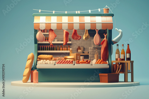 Colorful market stall displaying meats bread and wine bottles