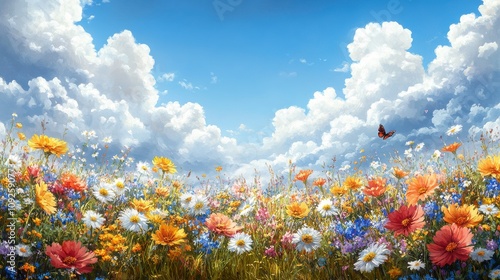 Vibrant Flower Field Under a Bright Blue Sky with Fluffy White Clouds and a Butterfly Gliding Over Colorful Blossoms, Perfect for Spring and Summer Themes