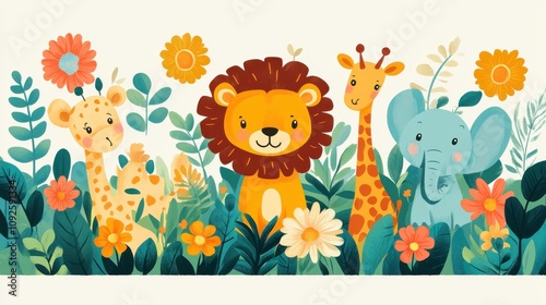 Playful jungle animals like monkeys, sloths, and crocodiles in a vibrant floral setting. Fun and cheerful vector illustration photo