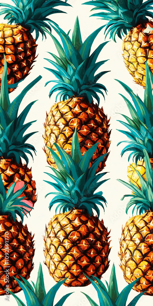 Fototapeta premium Seamless tropical pineapple pattern with vibrant colors on a light background