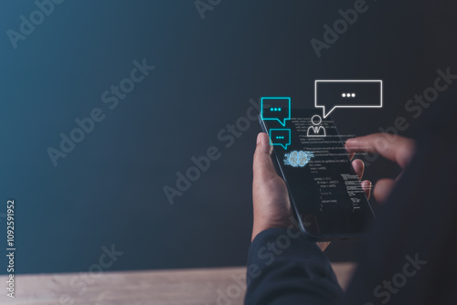 a virtual screen capture the essence of human-machine collaboration, featuring a businessman using technology to answer queries and enhance productivity