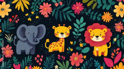 Playful jungle animals like monkeys, sloths, and crocodiles in a vibrant floral setting. Fun and cheerful vector illustration photo