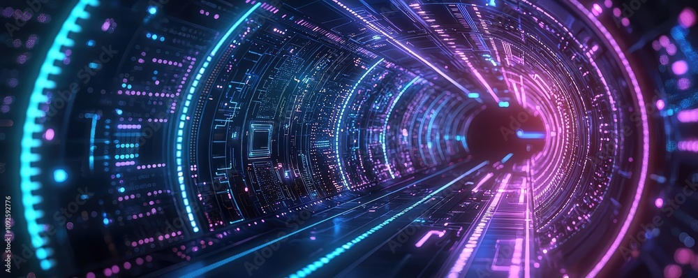 Fototapeta premium Futuristic digital tunnel, glowing neon lines, abstract technology background.