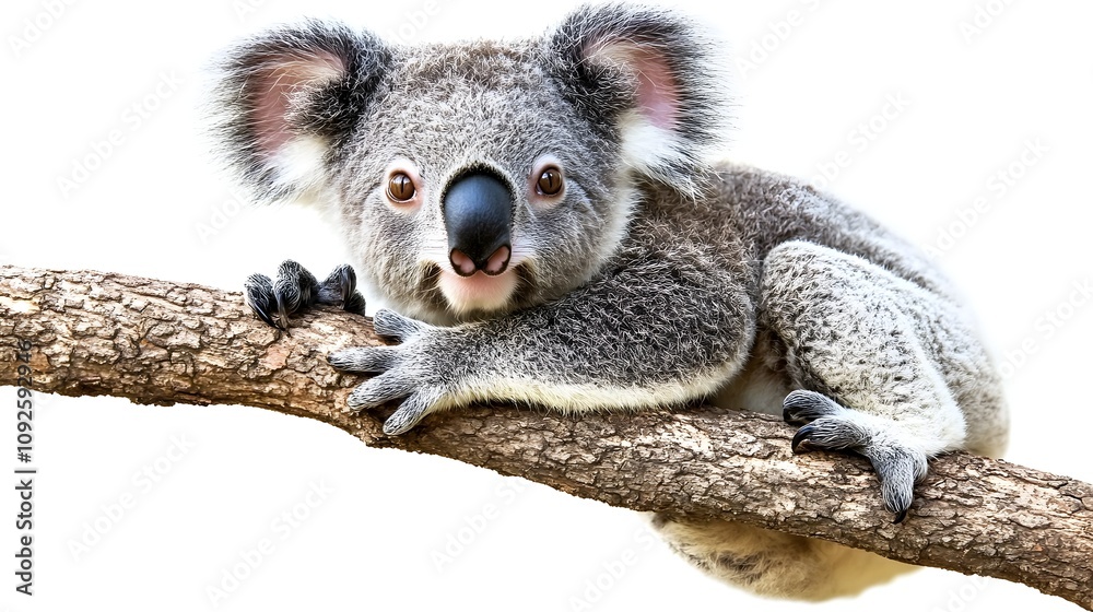 Fototapeta premium Closeup of a sleepy,gray-furred koala bear resting on a eucalyptus tree branch in a lush,green Australian forest environment. The koala appears calm and peaceful.