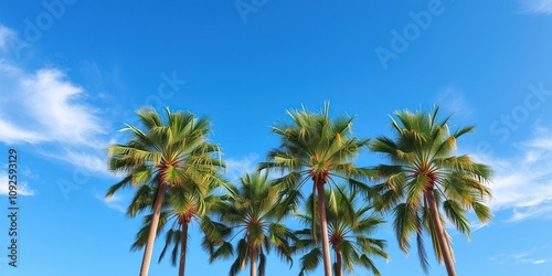 palm trees against bright blue sky with a few wispy clouds, vibrant colors, serene landscape