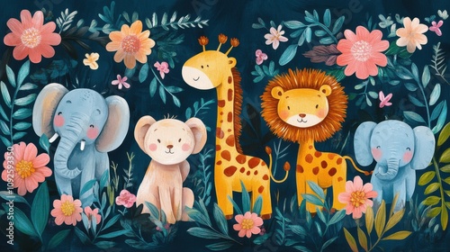 Playful jungle animals like monkeys, sloths, and crocodiles in a vibrant floral setting. Fun and cheerful vector illustration photo