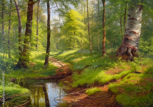 Paintings rural landscape, spring landscape with trees and sky, road in the countryside, landscape with river, fine art