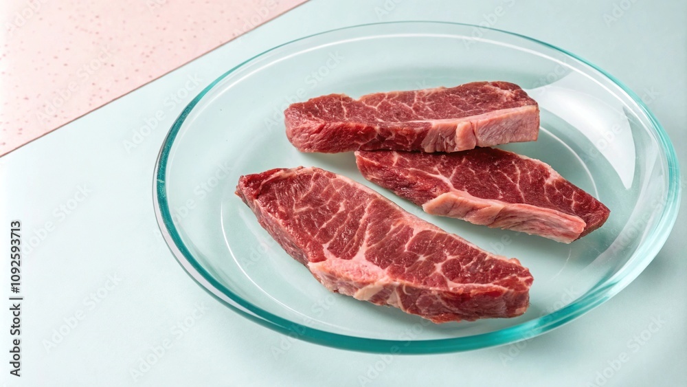 Pastel colored glass plate containing flat beef steak cut pieces that appear to be levitating, pastel glass, sophisticated decor Pastel colored glass plate containing flat beef steak cut pieces that appear to be levitating, pastel glass, sophisticated decor