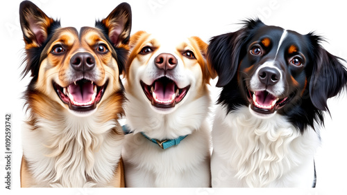 Three happy dogs pose together, showcasing their playful nature and friendly temperament against a white background.