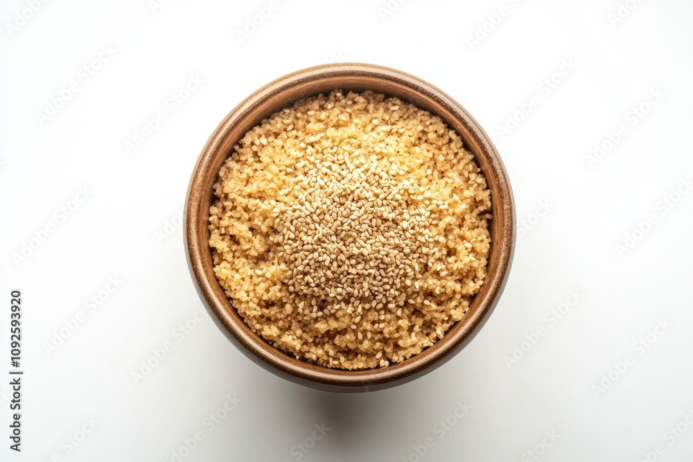 A wooden bowl of couscous topped with sesame seeds A wooden bowl of couscous topped with sesame seeds