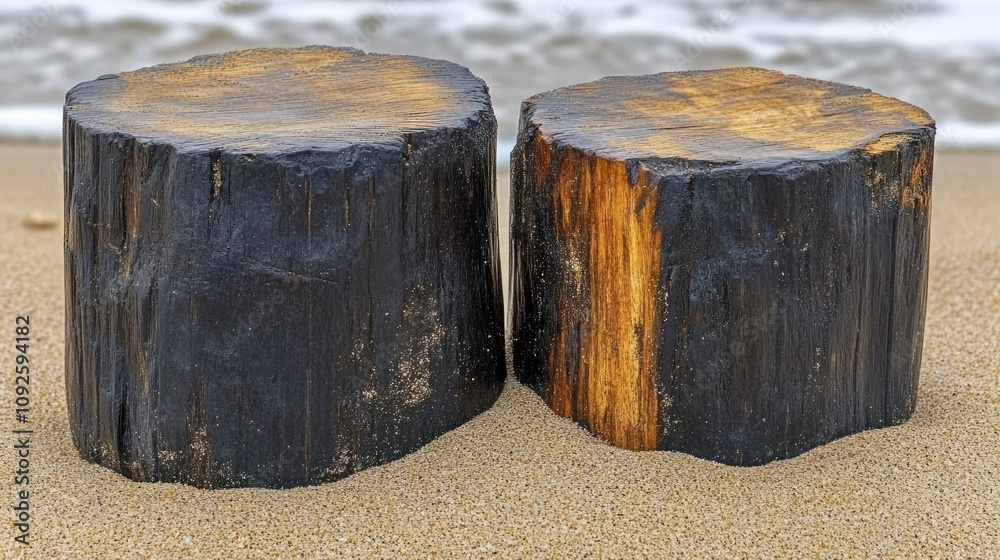 Naklejka premium Two wooden stumps on a sandy beach.