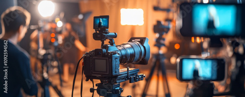 Videographer Filming in Studio with Professional Camera