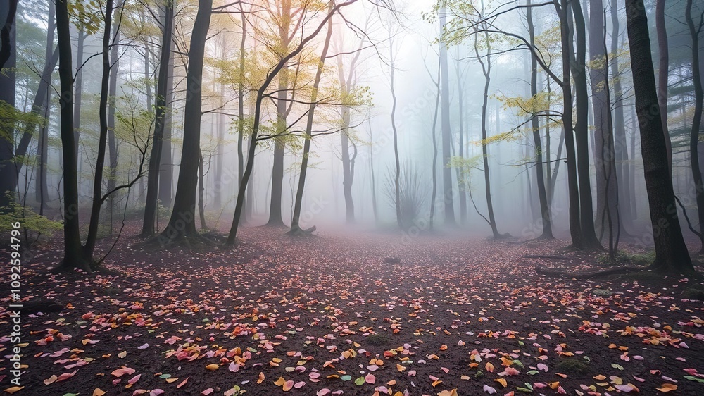 Obraz premium Pastel rainbow hues scattered across a misty forest floor, misty atmosphere, forest path