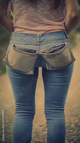 A person standing on a path, wearing jeans with unique pockets. photo