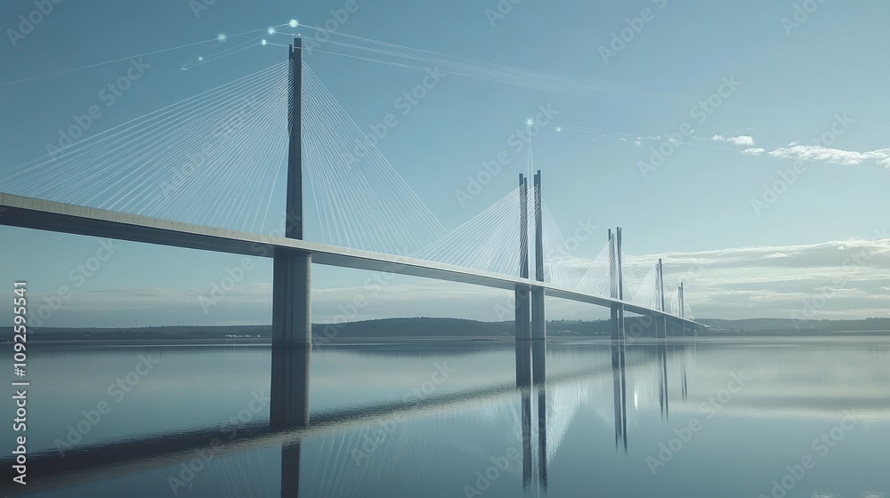 Fototapeta premium A modern cable-stayed bridge reflected in calm water under a clear sky.