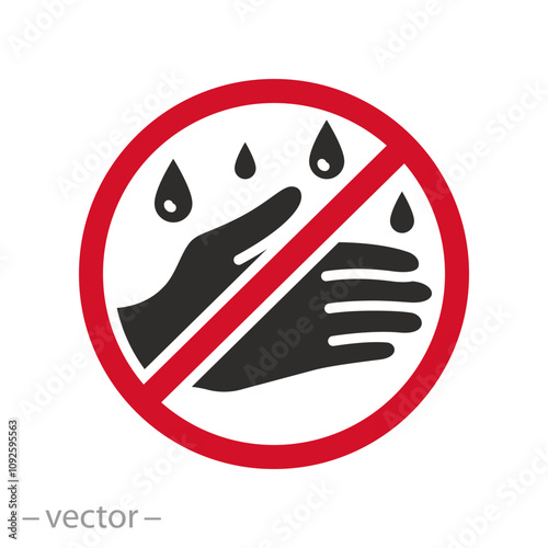 forbidden sign with drops in palm, stop wet hands icon, no wash hand, flat vector illustration