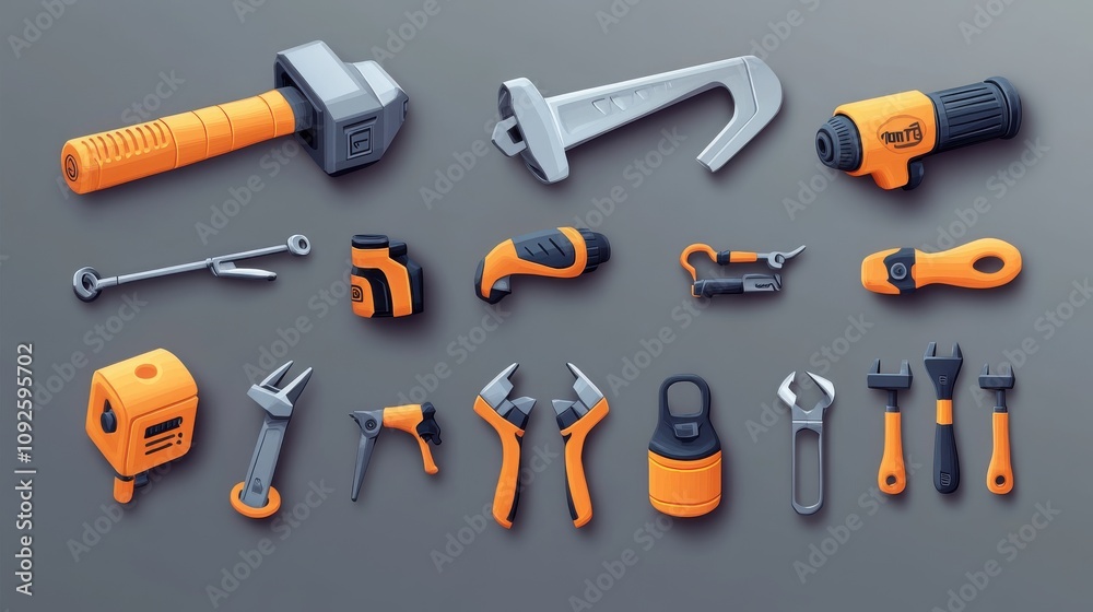 Naklejka premium High-detail 3D vector cartoon icons of a set of tools: planer, saw, pliers, screwdriver, vise, drill, hammer, and adjustable wrench, bright design
