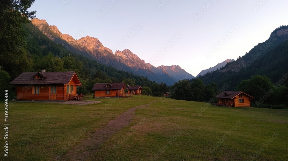 Scenic view of wooden cabins nestled in a lush valley surrounded by mountains at sunset. Scenic view of wooden cabins nestled in a lush valley surrounded by mountains at sunset.