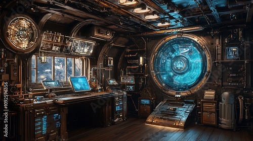 Futuristic Space Station Interior Sci Fi Control Room Workstation Technology