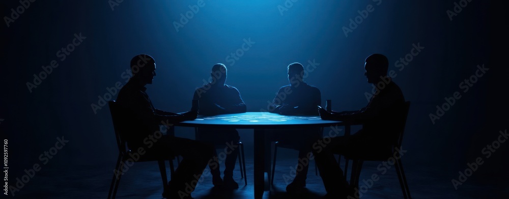 Silhouetted figures around a table in a dimly lit environment.
