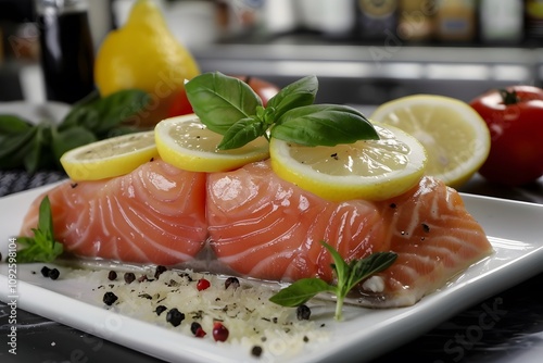 Fresh salmon fillet garnished with lemon and basil on a white plate.