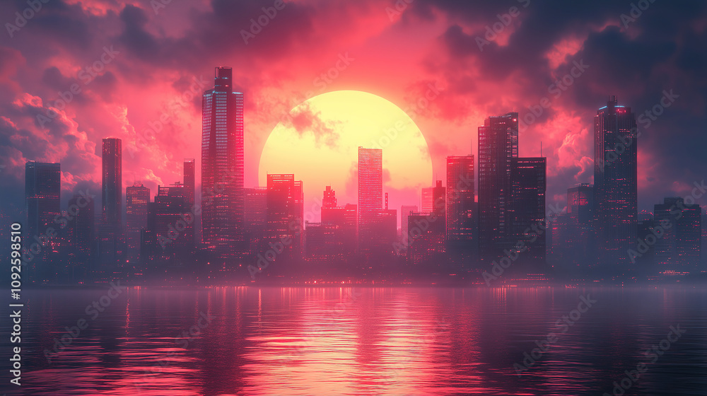 Fototapeta premium Vibrant sunset over a city skyline with reflections on water. Generative AI