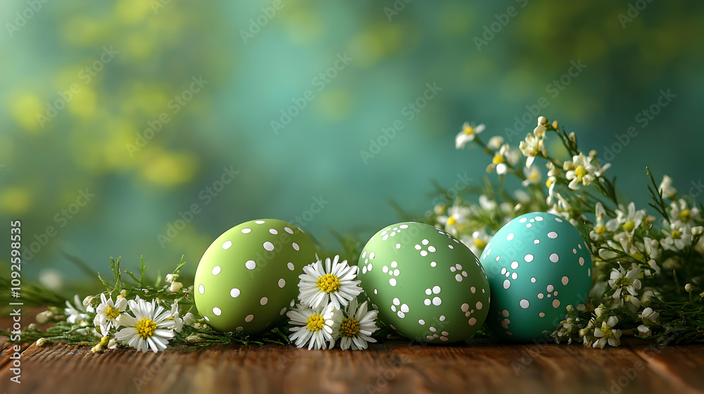 Green and Teal Easter Eggs Decorated with White Polka Dots Rest on Wooden Surface with Daisies Green and Teal Easter Eggs Decorated with White Polka Dots Rest on Wooden Surface with Daisies