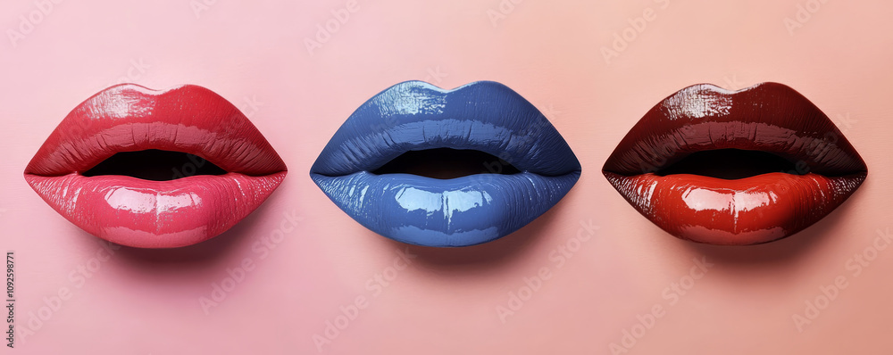 Obraz premium Three Glossy Lips in Red, Blue, and Brown Shades