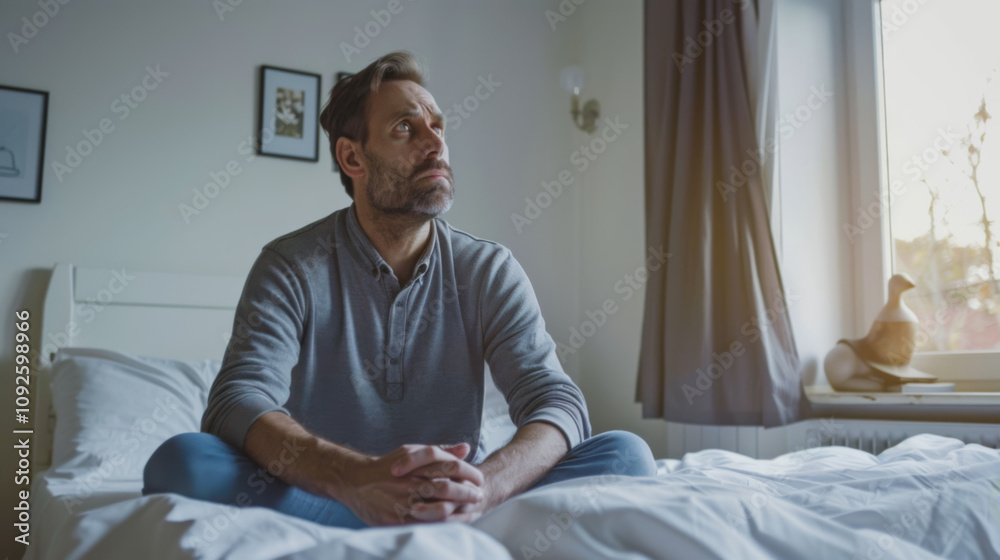 Obraz premium A man sits indoors, holding her head with a look of frustration and deep thought,