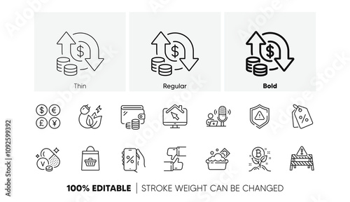 Launder money, Vanadium mineral and Wallet line icons. Pack of Money currency, Bitcoin project, Like icon. Online buying, Discount tags, Discounts app pictogram. Attention, Work home, Podcast. Vector