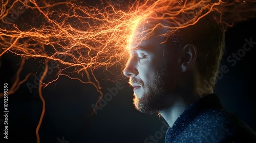 Man meditating, energy flowing from his head. photo