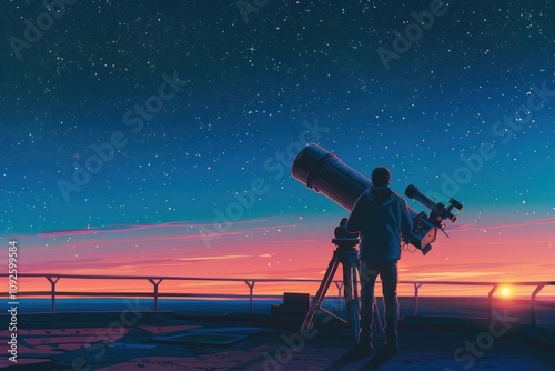 an astrophysicist or amateur astronomer who observes the stars through a large professional telescope photo