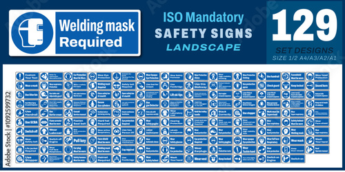 129 set ISO mandatory safety signs v55_welding mask required_landscape size 1/2 a4,a3,a2,a1

