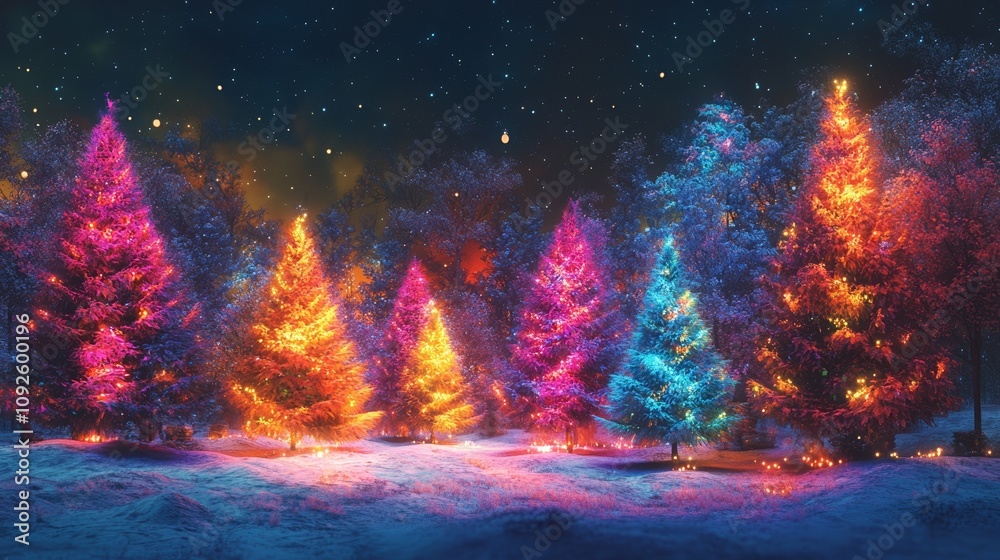 Fototapeta premium Christmas Time Abstract Painting with Colorful Lights and Pine Trees