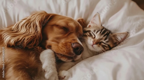 A dog and cat peacefully sleeping together on a soft blanket.