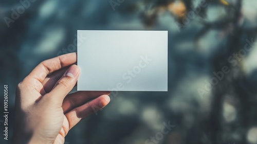 Hand Holding Blank White Card Against Natural Outdoor Background