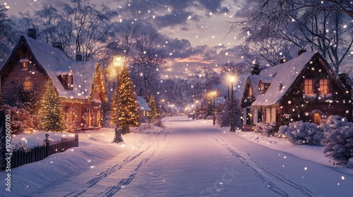 Snowy Street with Christmas Village Decorations and Warm Holiday Lights