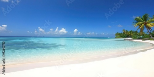 Secluded tropical island with sandy white beach and crystal clear lagoon, oceanic view, private island, bird sanctuary