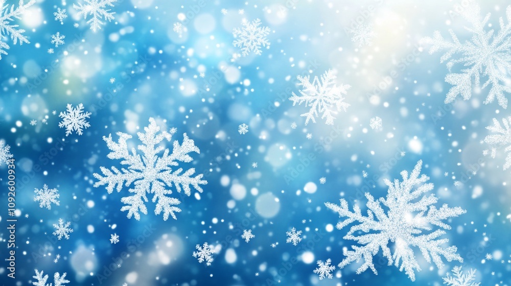Falling Snowflakes on Blue Background With Soft Glow and Bokeh Effect Creating a Winter Atmosphere