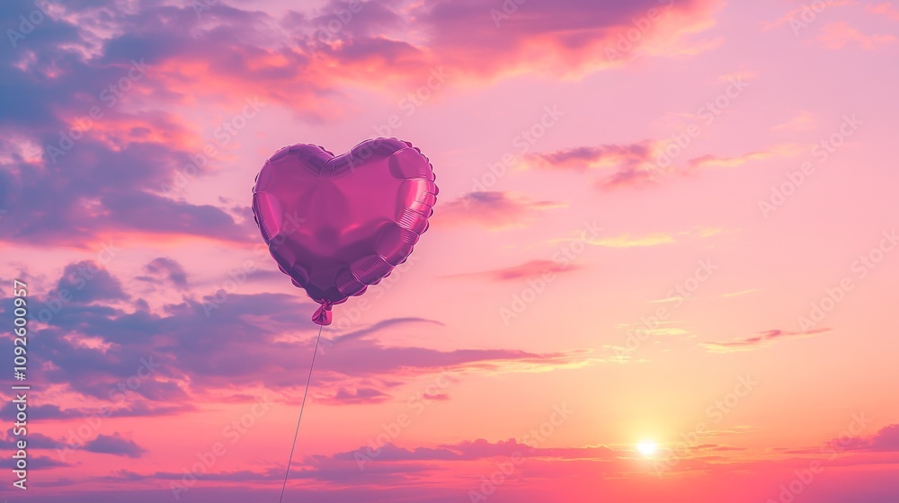 Fototapeta premium Heart-Shaped Balloon Floating Against Soft Pink and Purple Sunset Sky Creating Romantic and Dreamy Scene