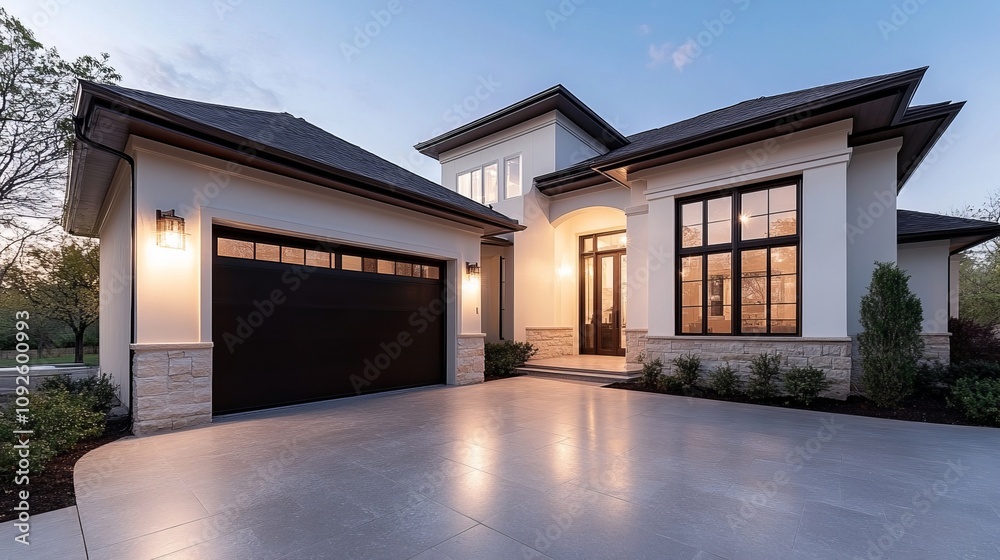 Modern Residential Home Exterior with Large Windows and Elegant Design Surrounded by Lush Greenery in Twilight Setting Showcasing Contemporary Architecture Modern Residential Home Exterior with Large Windows and Elegant Design Surrounded by Lush Greenery in Twilight Setting Showcasing Contemporary Architecture
