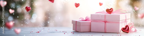 Pink gift box with ribbon and floating hearts on soft background