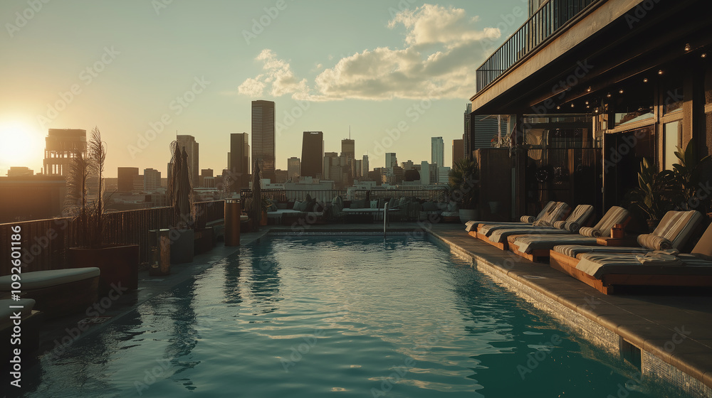 Fototapeta premium Urban luxury hotel with rooftop pool and lounge - Sunlit rooftop space, stylish pool with city skyline views