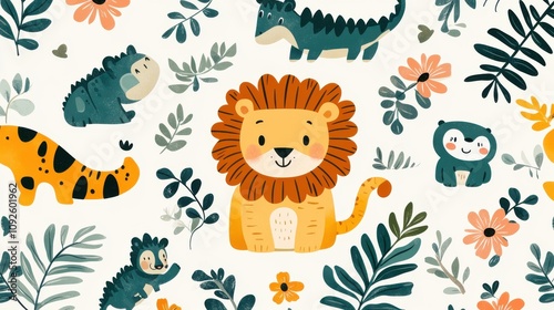 Playful jungle animals like monkeys, sloths, and crocodiles in a vibrant floral setting. Fun and cheerful vector illustration photo