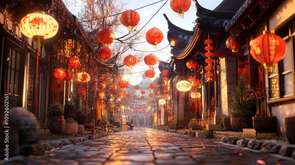 Obraz premium Chinese New Year Celebration with Traditional Red Lanterns and Festive Lights on Busy Street for Vibrant Cultural Scene