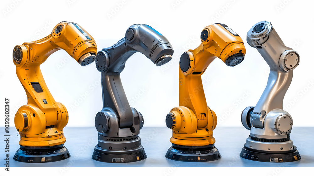 3D Render of Four Industrial Robot Arms in Yellow, Gray, and Silver Colors Posing Against a White Background 3D Render of Four Industrial Robot Arms in Yellow, Gray, and Silver Colors Posing Against a White Background